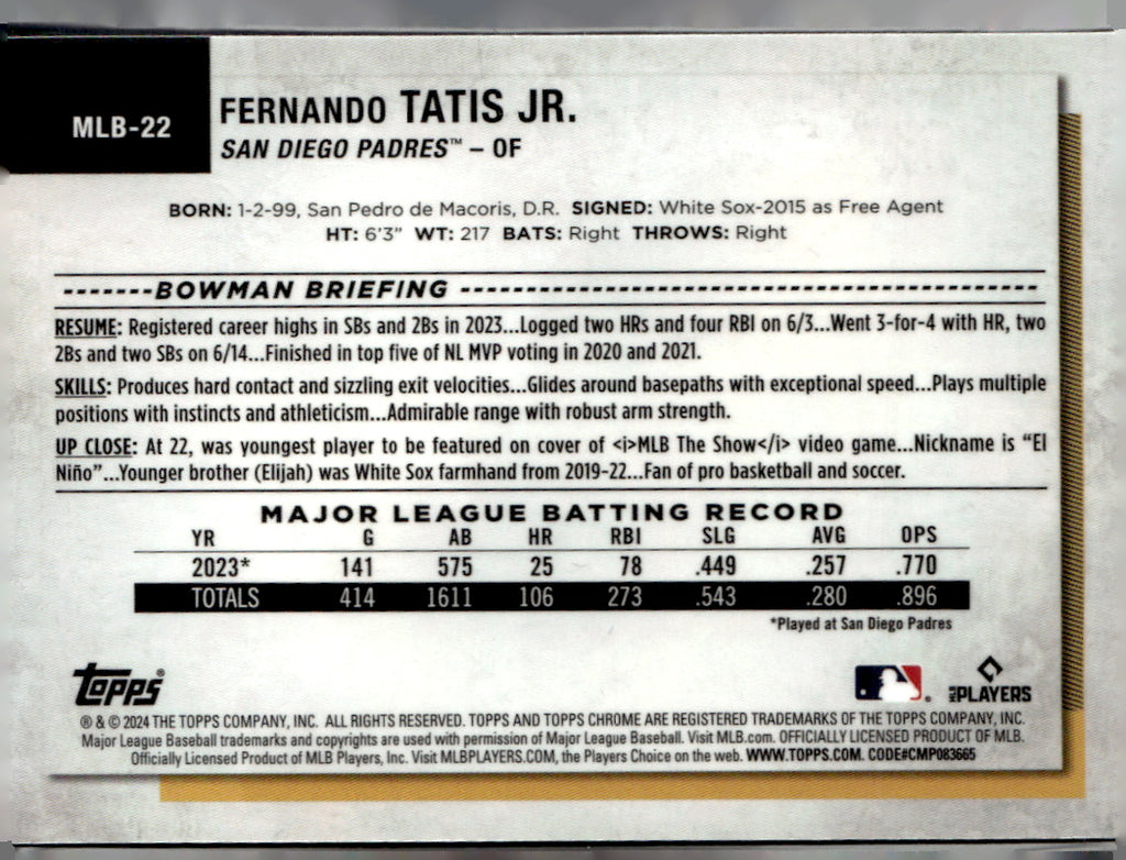 2024 Topps Chrome NSCC Wrapper Redemption #MLB-22 Fernando Tatis Jr. NM A1-5