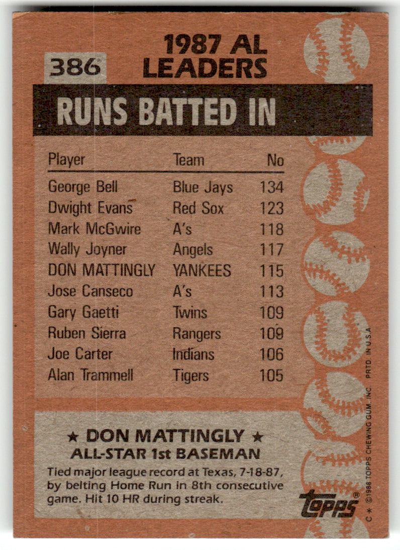 Topps #386 Don Mattingly Yankees Near Mint or Better A1-6