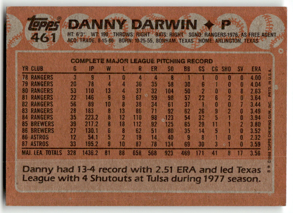 Topps #461 Danny Darwin Astros Near Mint or Better A1-6