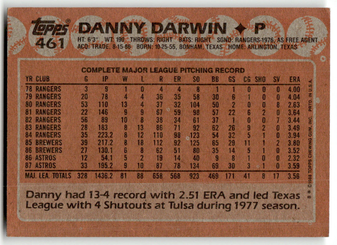 Topps #461 Danny Darwin Astros Near Mint or Better A1-6
