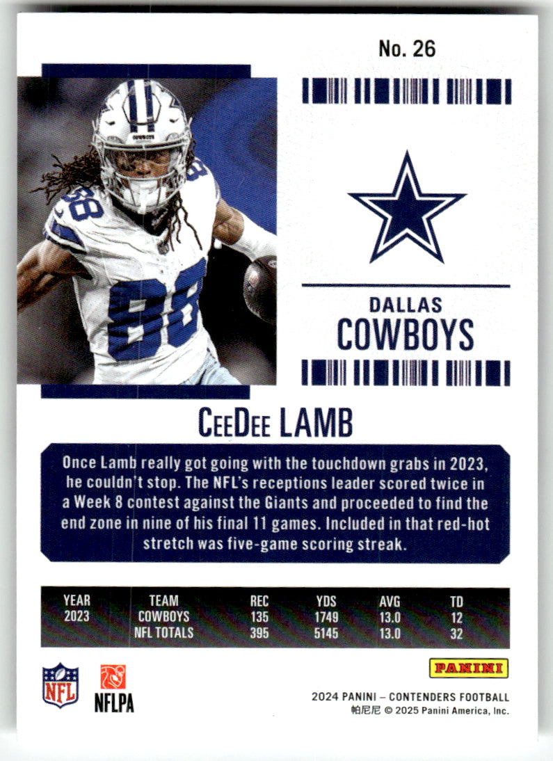Panini #26 CeeDee Lamb Cowboys Near Mint or Better A1-6
