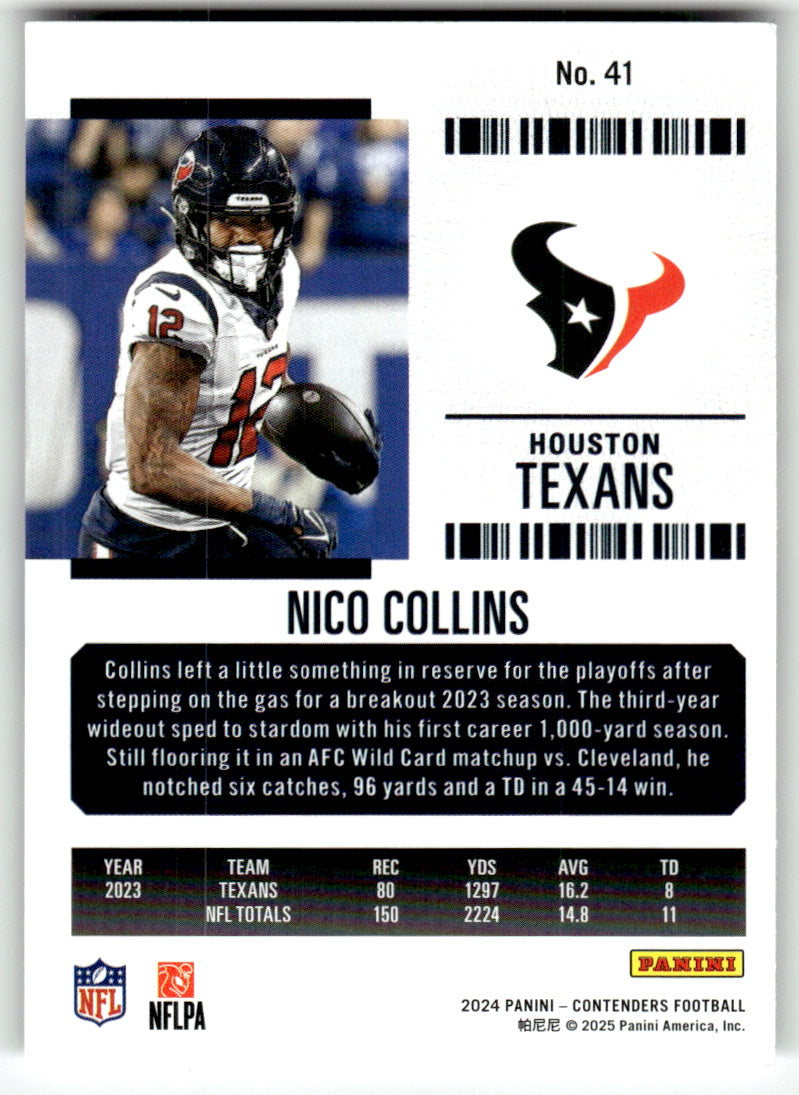 Panini #41 Nico Collins Texans Near Mint or Better A1-6