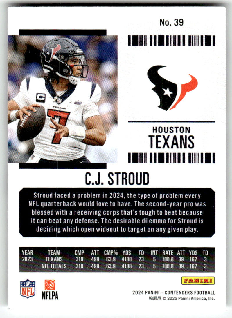 Panini #39 C.J. Stroud Texans Near Mint or Better A1-6