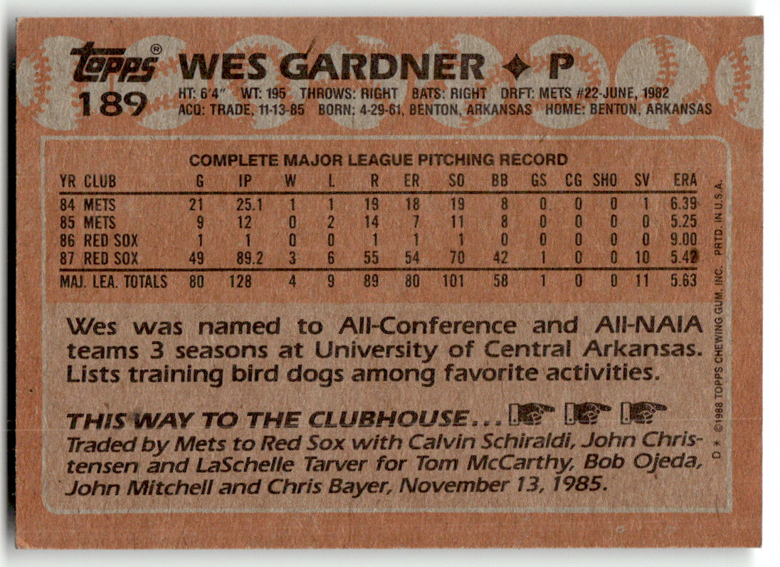 Topps #189 Wes Gardner Red Sox Near Mint or Better A1-6
