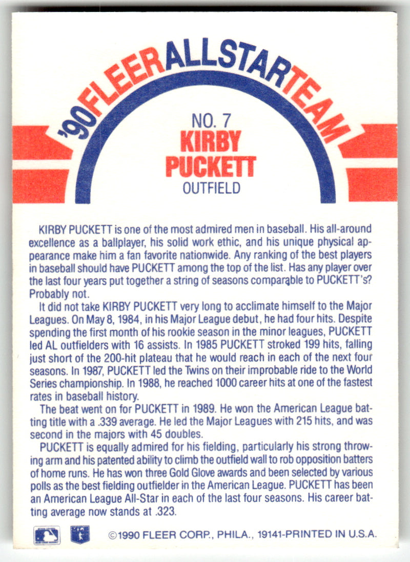 Fleer #7 Kirby Puckett Twins Near Mint or Better A1-6