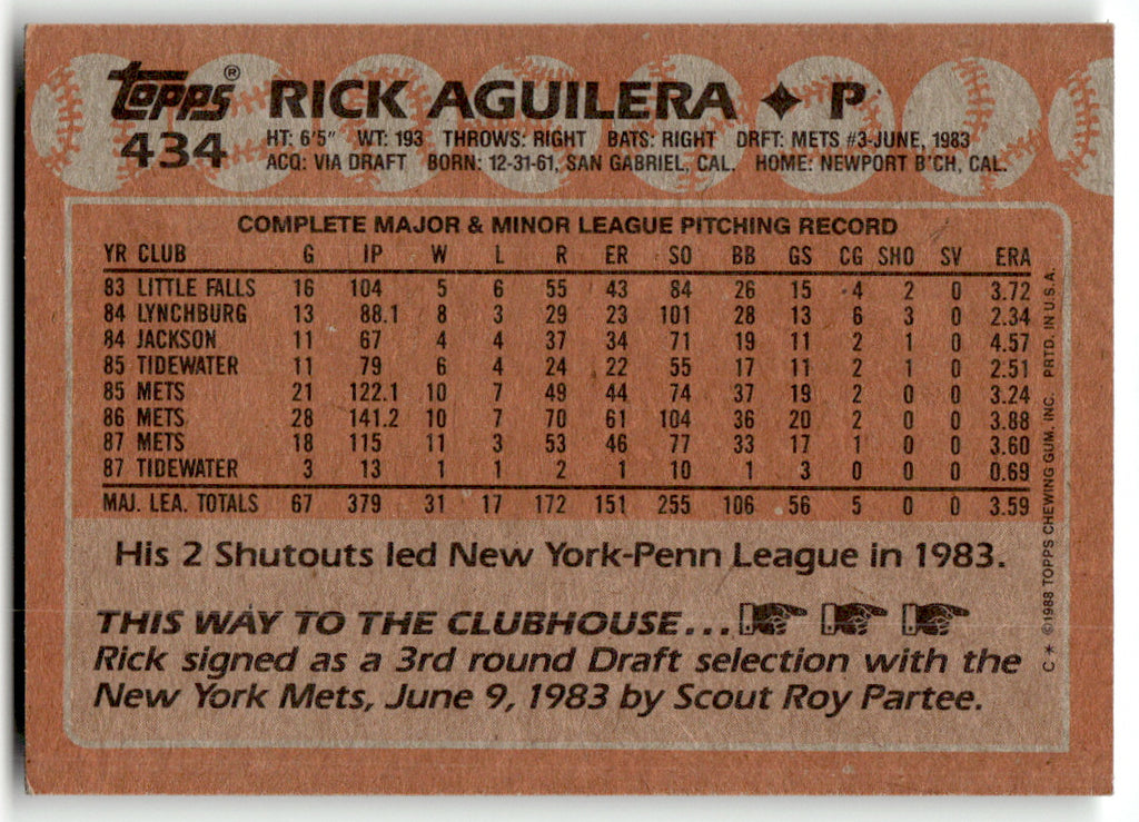 Topps #434 Rick Aguilera Mets Near Mint or Better A1-6