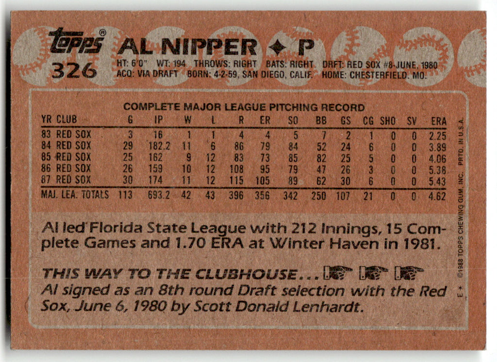 Topps #326 Al Nipper Red Sox Near Mint or Better A1-6