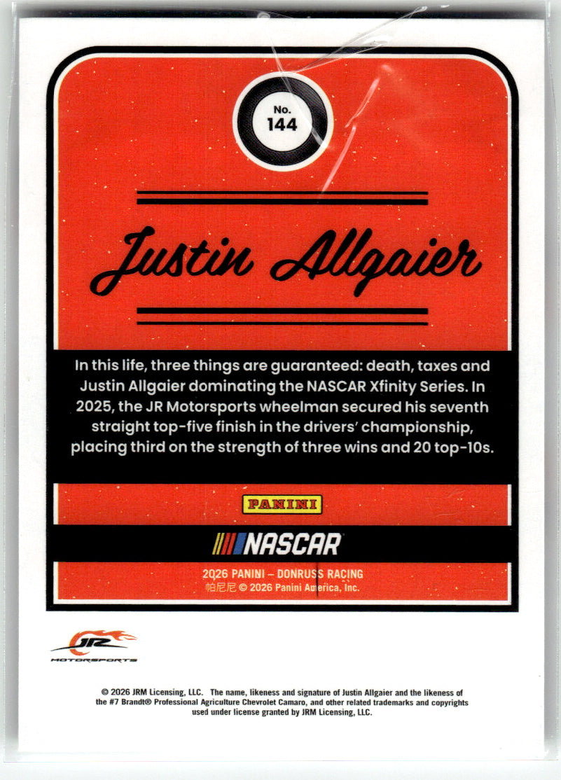 Donruss #144 Justin Allgaier JR Motorsports Near Mint or Better A1-7