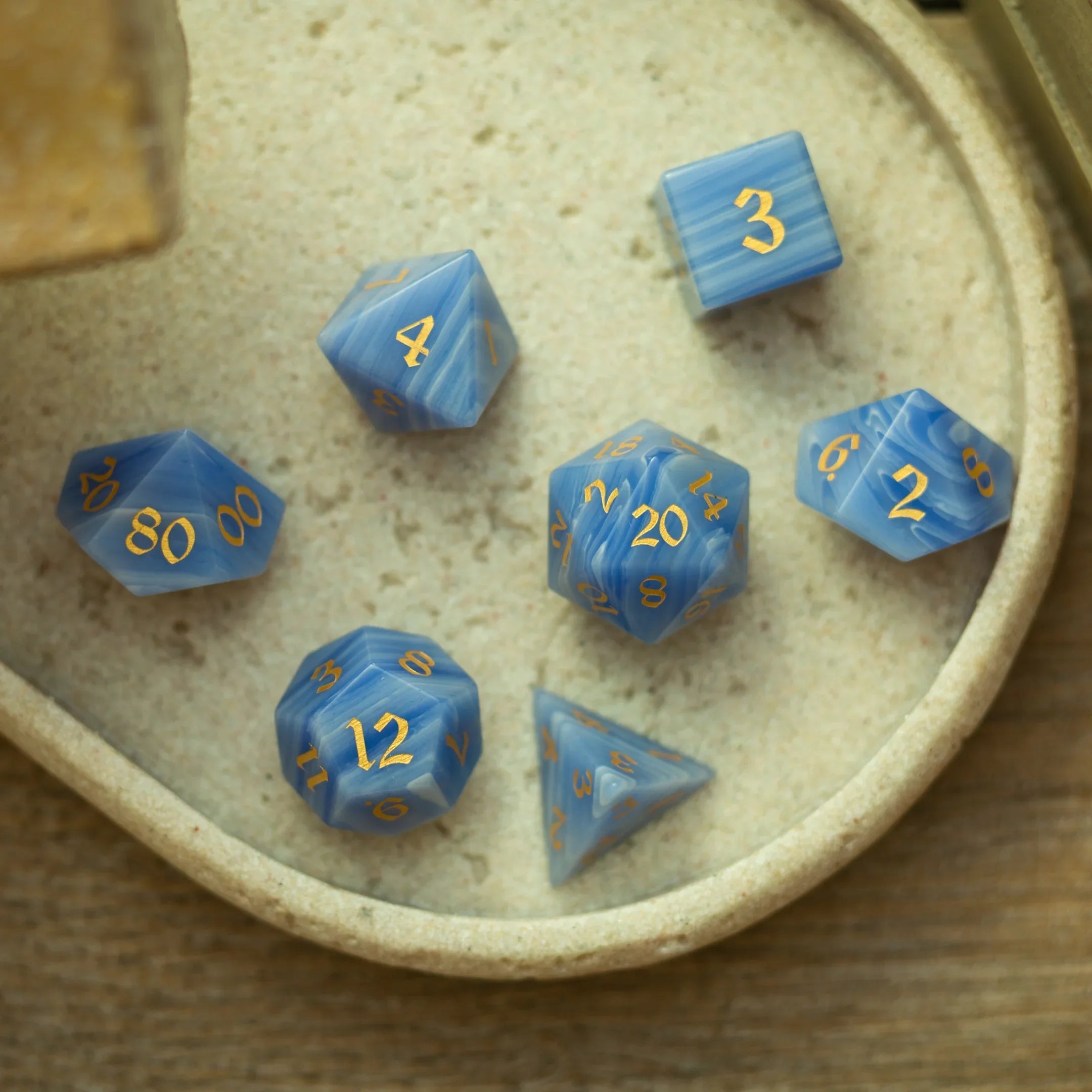 Gemstone Blue Lace Agate Eye Stone Hand Carved DND Dice Set