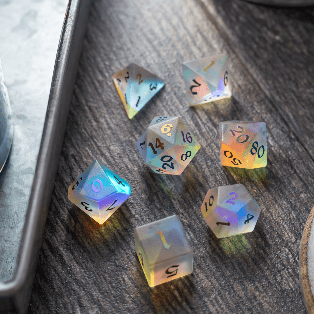 Gemstone (Inked) Raised Dichroic Glass DND Dice Set