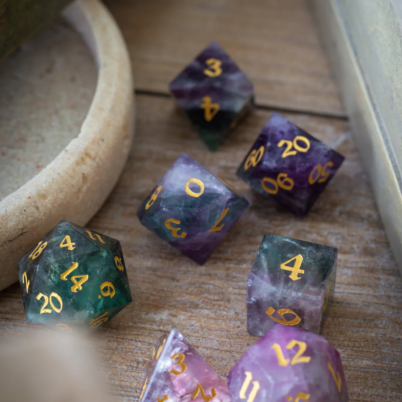 Gemstone Rainbow Fluorite Hand Carved DND Dice Set