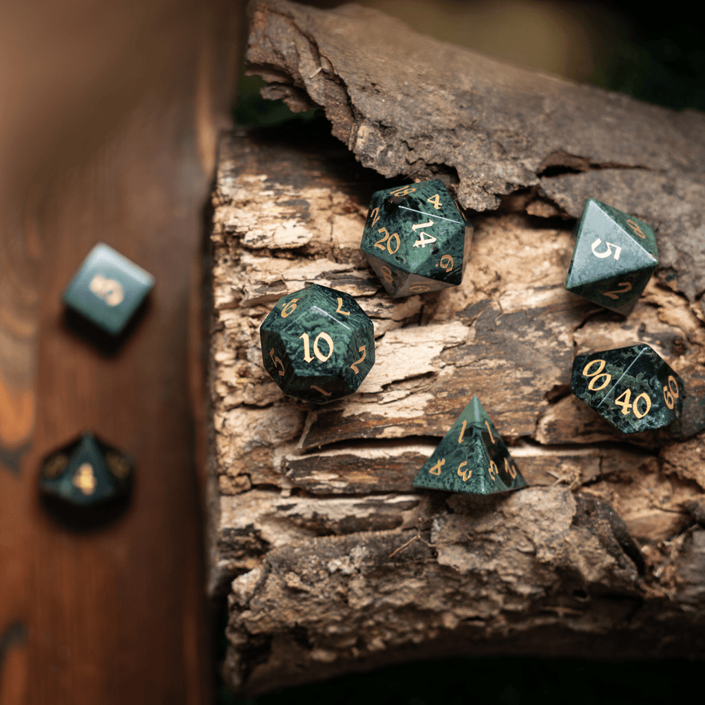 Green Eyed Hand Carved Gemstone DND Dice Set