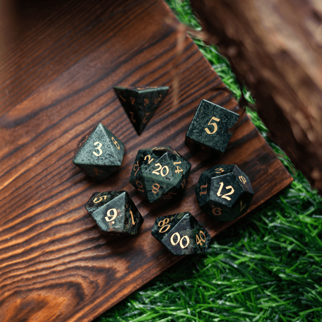 Green Eyed Hand Carved Gemstone DND Dice Set