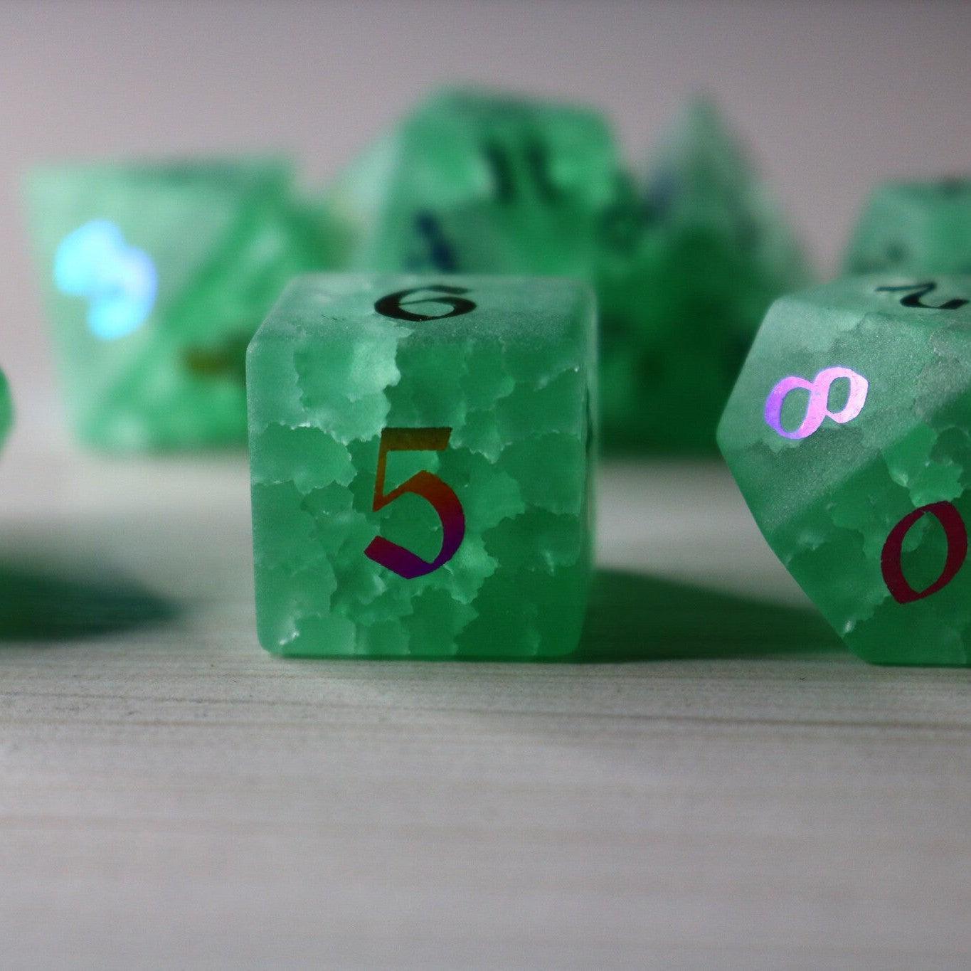 Green Mint Inked Lightning Cracked Glass DND Dice Set