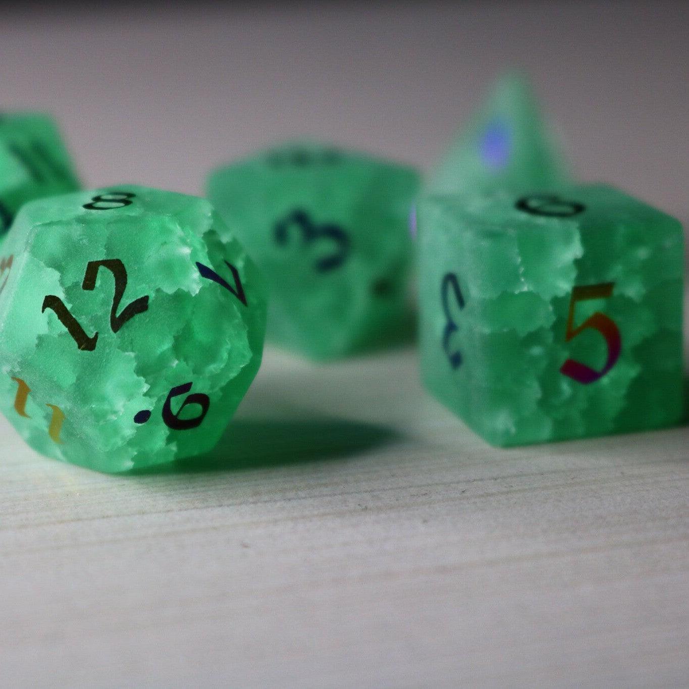 Green Mint Inked Lightning Cracked Glass DND Dice Set