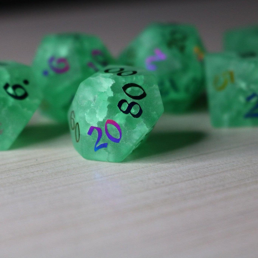 Green Mint Inked Lightning Cracked Glass DND Dice Set
