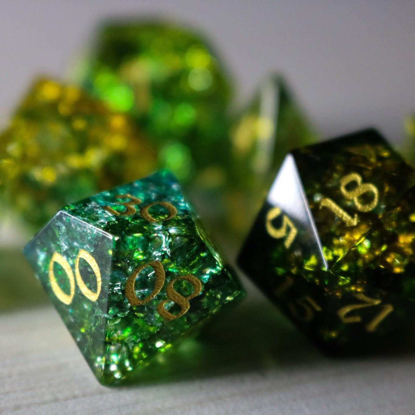 Green Poison Forge Fire Cracked Glass DND Dice Set