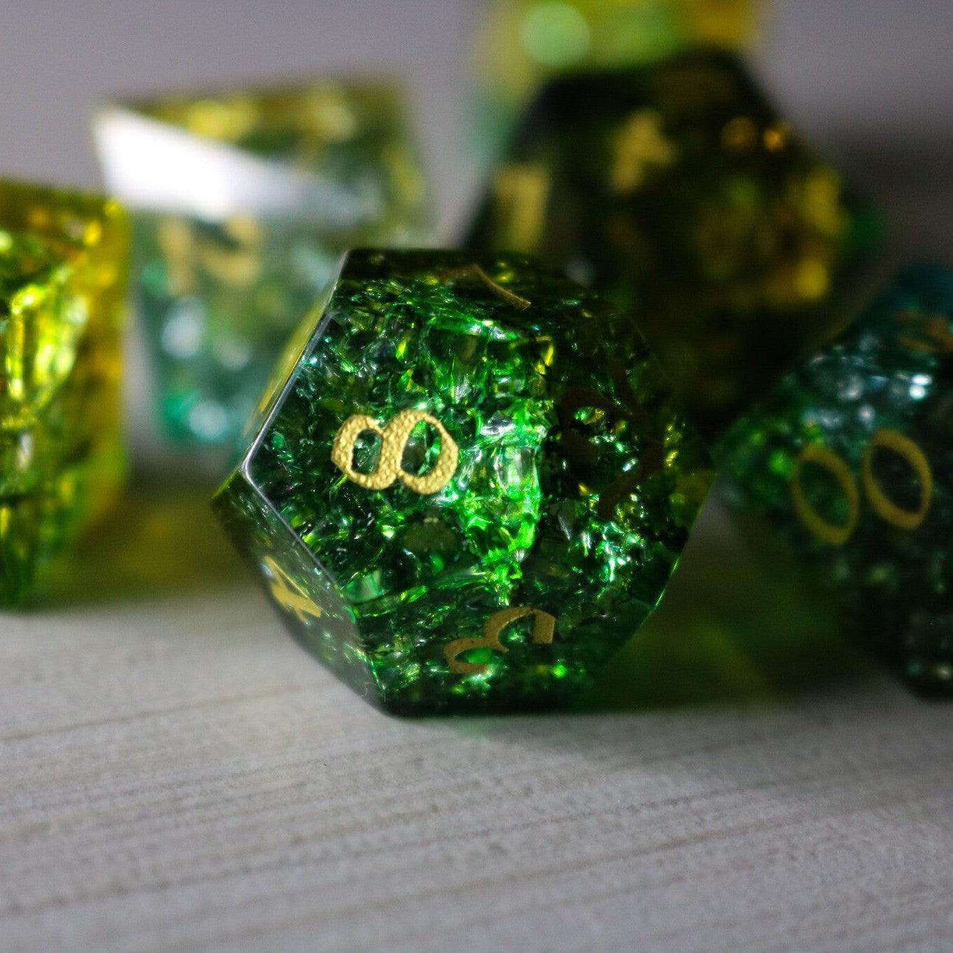 Green Poison Forge Fire Cracked Glass DND Dice Set