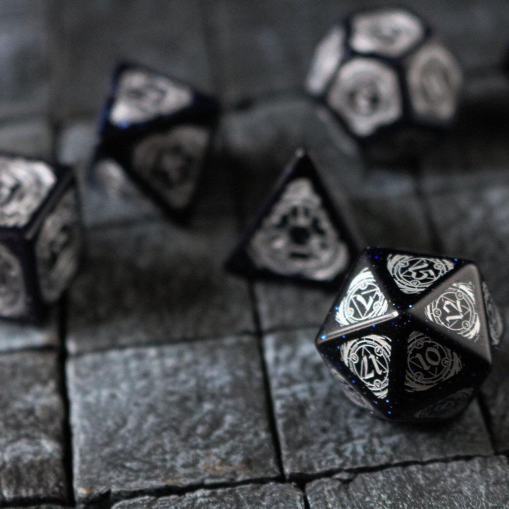 Mage Fury Blue Sandstone Silver Font Gemstone DND Dice Set