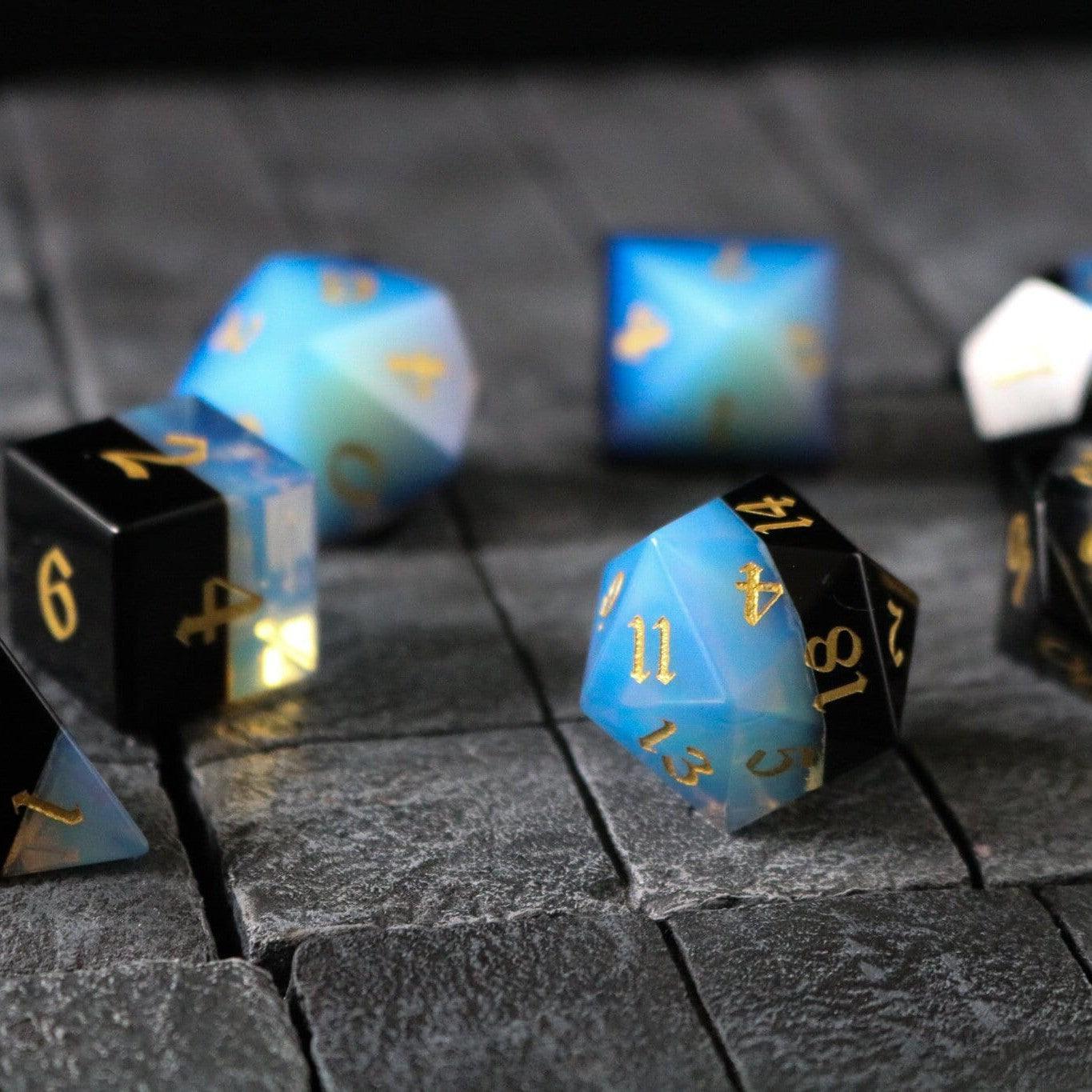 Synthetic Gemstone Two Tone White/Black Hand Carved DND Dice Set